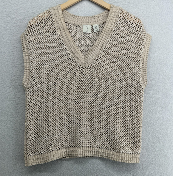 Joie Sweaters - JOIE Sweater M Chenille Metallic Sequin Mesh Stitch Vest Pullover Beige Silver